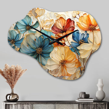 Teal Orange Petal Mosaics II - Asymmetric Metal Wall Clock
